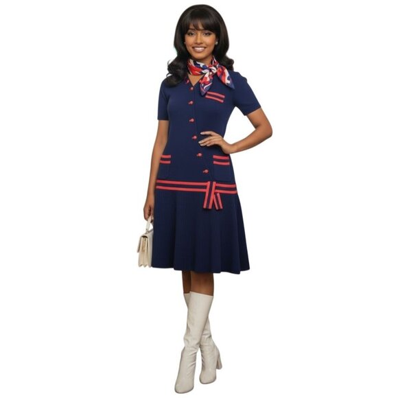 60s–70s Navy & Red Trevira® Wool Blend Day Dress by Elle Couture - UK Vintage - Picture 2 of 16